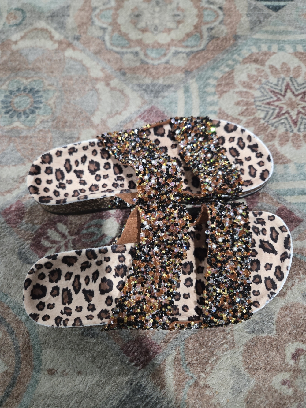 Leopard Print Multicolor Crystal And Pearl Slide Cork Sandals by Shein